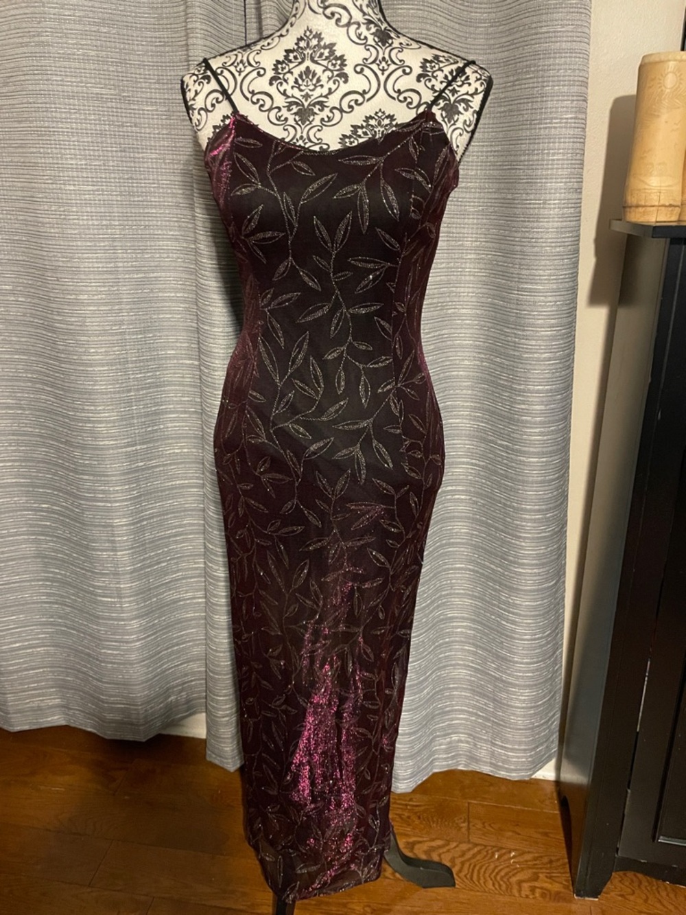 Jessica McClintock Deep Burgundy  Slip Maxi with Metallic Leaf Detail